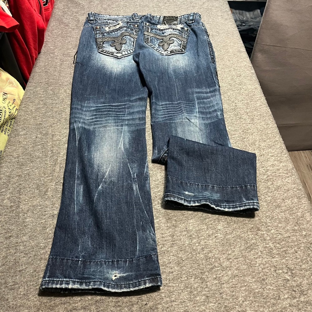 Rock Revival Luckett Slim Straight Jeans Mens 36x34 Dark Wash Distressed Denim
